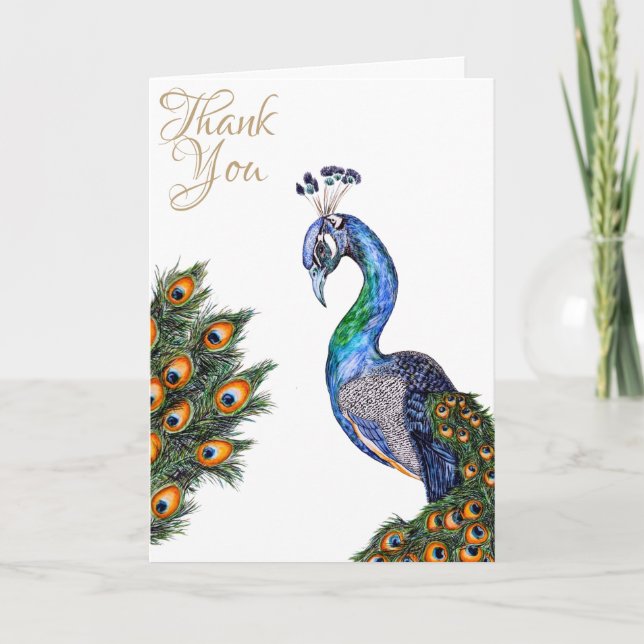 Elegant Watercolor Peacock Vielen Dank Karte (Vorderseite)