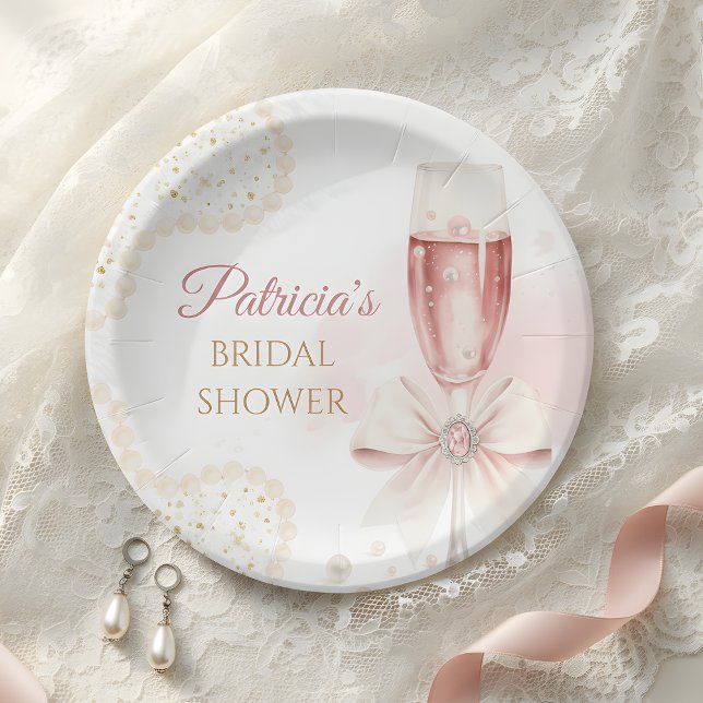 Elegant Watercolor Pearls & Prosecco Bridal Shower Pappteller (Von Creator hochgeladen)