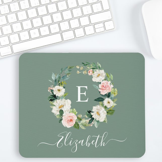 Elegant Watercolor Pink Floral Sage Green Monogram Mousepad (Customize to change text size, color or text style.)
