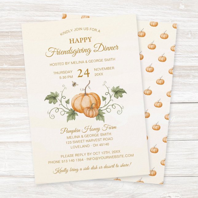 Elegant Watercolor Pumpkins Friendsgiving Dinner Einladung (Elegant friendsgiving dinner party invitation featuring watercolor pumpkins, vines, leaves and bees.)