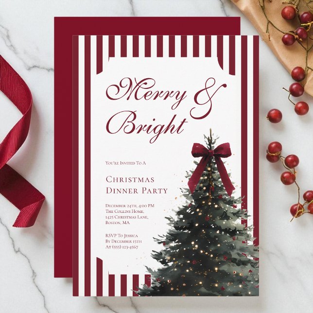 Elegant Watercolor Red Bow Christmas Dinner Party Einladung (Elegant Watercolor Red Bow Christmas Dinner Party Invitation)