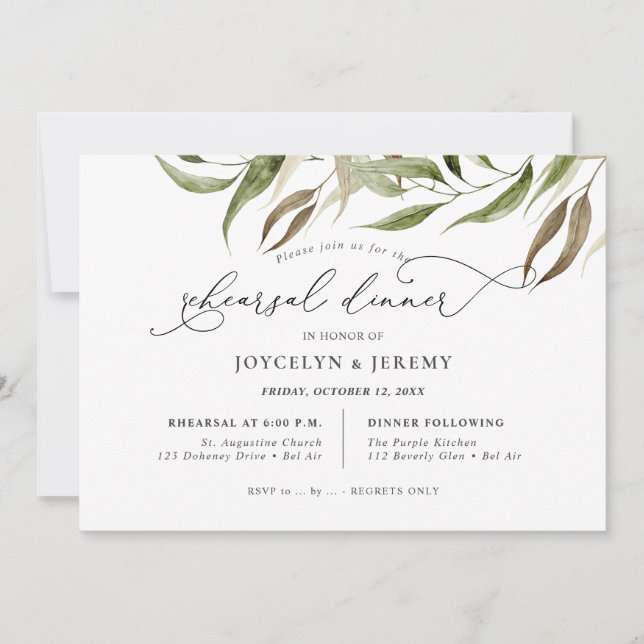 Elegant Watercolor Rustic Eucalyptus Rehearsal Einladung (Vorderseite)