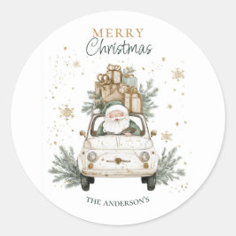 Elegant Watercolor Santa Car Snow Merry Christmas  Runder Aufkleber