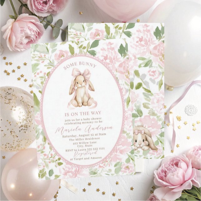 Elegant Watercolor some bunny pink bow Baby Shower Einladung (Von Creator hochgeladen)