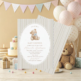 Elegant Watercolor Teddy Bear blue bow Baby Shower Einladung