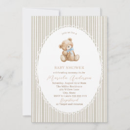 Elegant Watercolor Teddy Bear blue bow Baby Shower Einladung