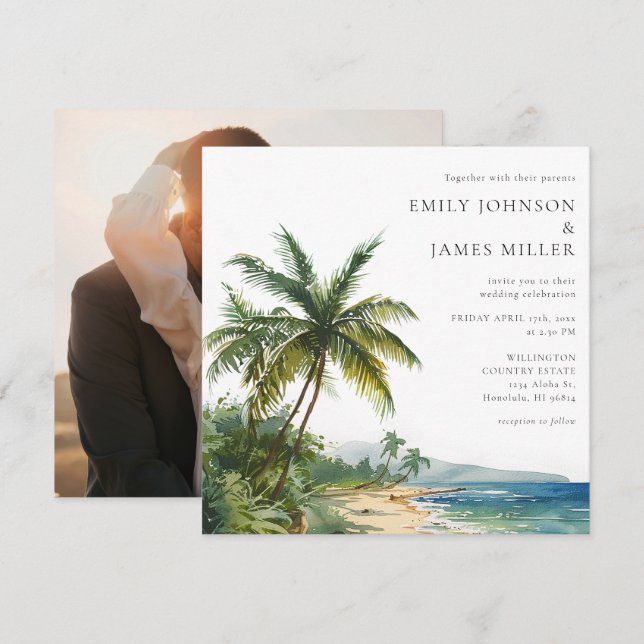 Elegant Watercolor Tropical Beach Photo Wedding Einladung (Vorne/Hinten)