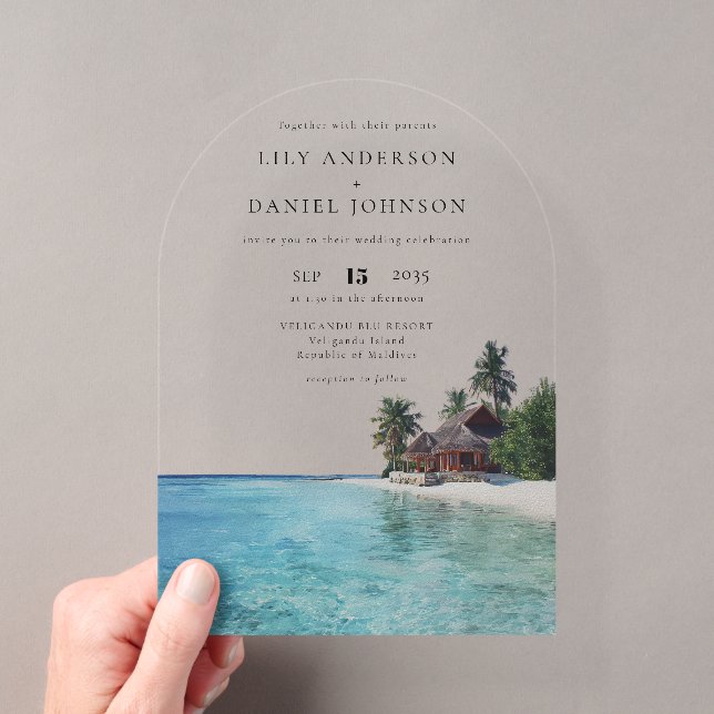 Elegant Watercolor Tropical Beach Wedding Arch Acryleinladungen (Insitu (Handheld))