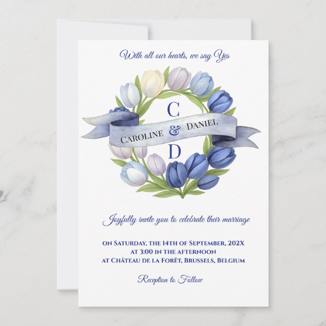 Elegant Watercolor Tulip Wreath Wedding Blue Ivory Einladung (Vorderseite)