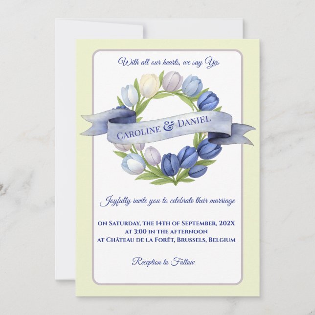 Elegant Watercolor Tulip Wreath Wedding Blue Ivory Einladung (Vorderseite)