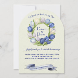 Elegant Watercolor Tulip Wreath Wedding Blue Ivory Einladung