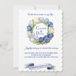 Elegant Watercolor Tulip Wreath Wedding Blue Ivory Einladung