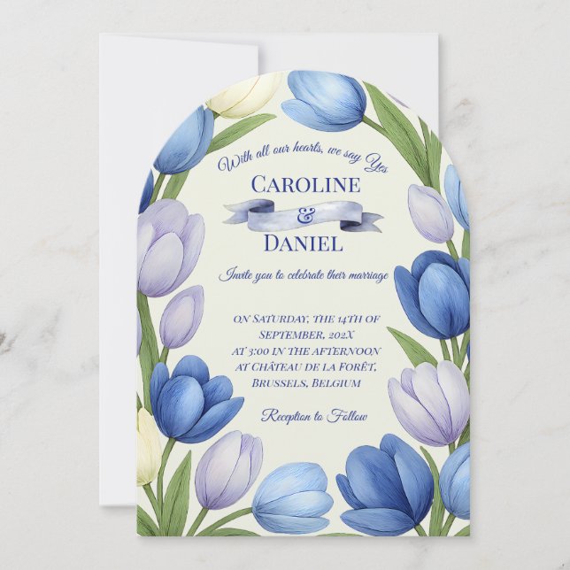 Elegant Watercolor Tulip Wreath Wedding Blue Ivory Einladung (Vorderseite)