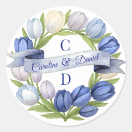 Elegant Watercolor Tulip Wreath Wedding Blue Ivory Runder Aufkleber