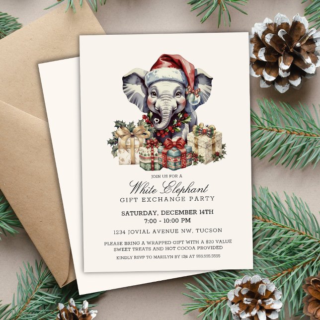 Elegant Watercolor White Elephant Gift Exchange Einladung (Elegant white elephant gift exchange invitations for christmas holiday corporate office party invite)