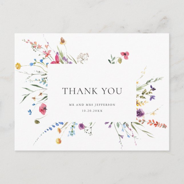 Elegant Watercolor Wild Blume Vielen Dank Postkarte (Vorderseite)