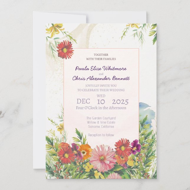 Elegant Watercolor Wildflower Garden Wedding Einladung (Vorderseite)