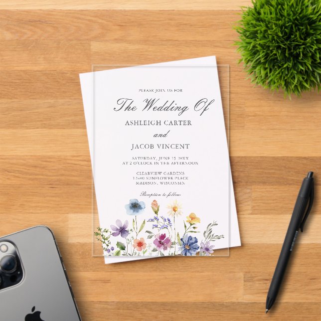 Elegant Watercolor Wildflower Spring Wedding Acryleinladungen (Insitu (Einladungskarte))