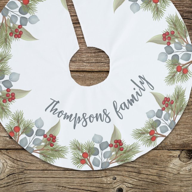 Elegant Watercolor Winter Greenery Pine Eukalyptus Polyester Weihnachtsbaumdecke (Christmas holiday greenery and holly berries calligraphy tree skirt. )