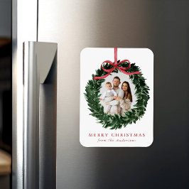 Elegant Watercolor Wreath with Bow Christmas Photo Magnet