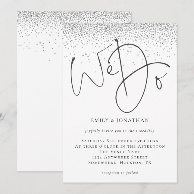 Elegant We do Script Silver Glitzer Wedding Einladung (Vorne/Hinten)