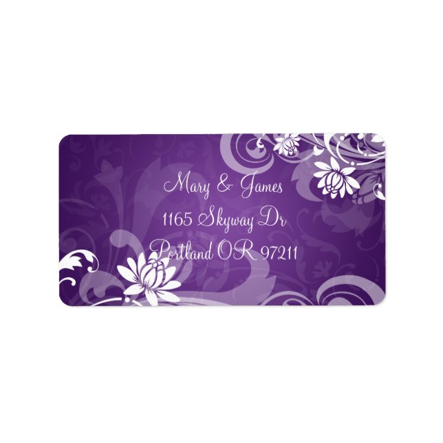 Elegant Wedding Address Floral Wirbel Lila Adressaufkleber (Vorne)
