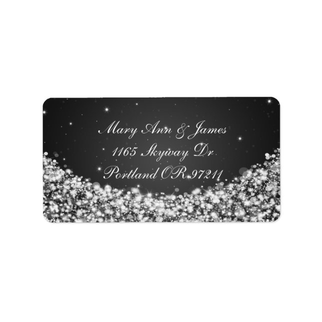 Elegant Wedding Address Star Sparkle Black Adressaufkleber (Vorne)