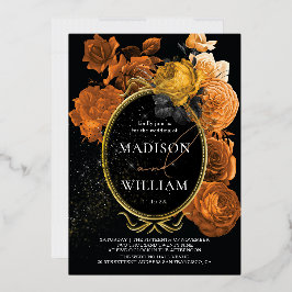 Elegant Wedding Black and Orange Floral Folieneinladung
