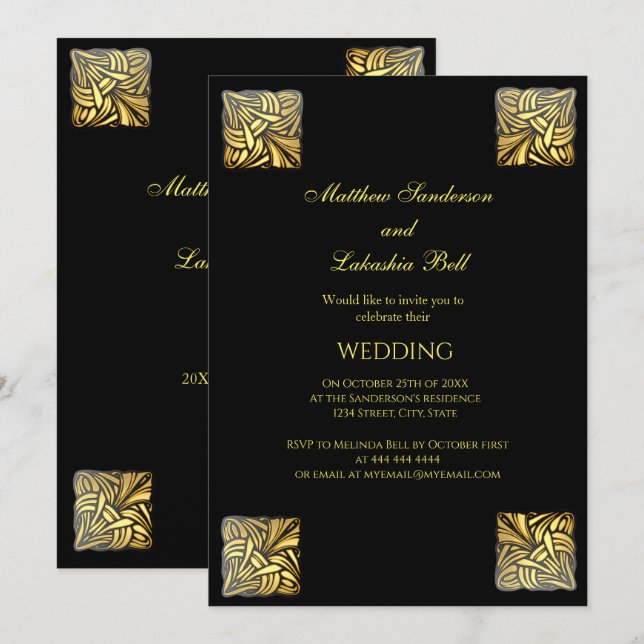 Elegant Wedding Black Gold Einladung (Vorne/Hinten)