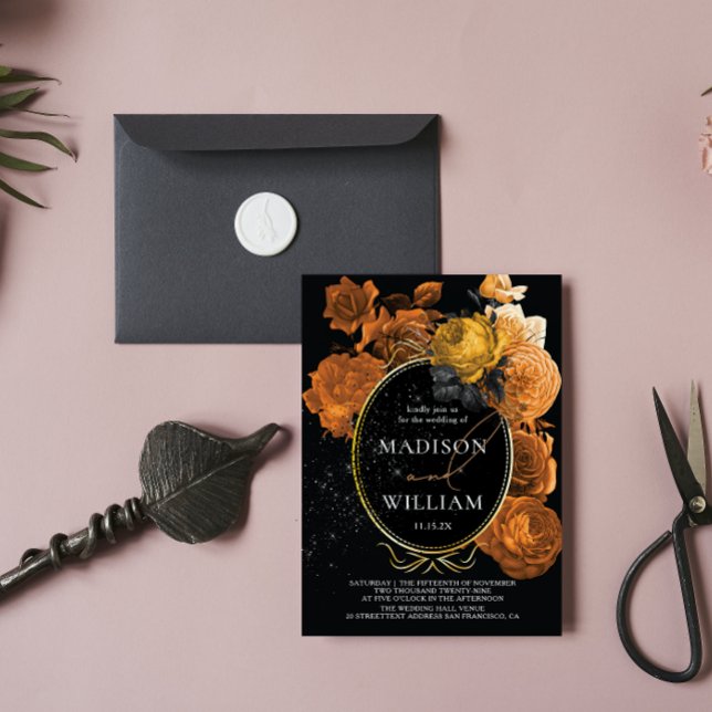 Elegant Wedding Black Orange Floral Einladung (Von Creator hochgeladen)