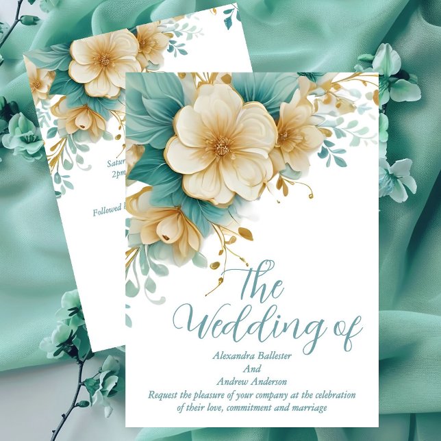 Elegant Wedding Blue Green auf Weißen Blume Einladung (Von Creator hochgeladen)