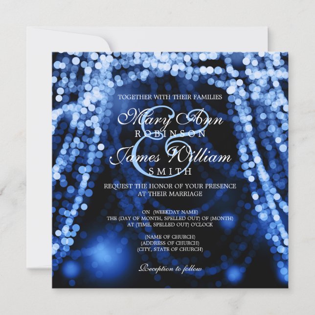 Elegant Wedding Blue String Lights Einladung (Vorderseite)