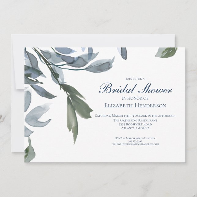 Elegant Wedding Brautparty Blue Floral Einladung (Vorderseite)
