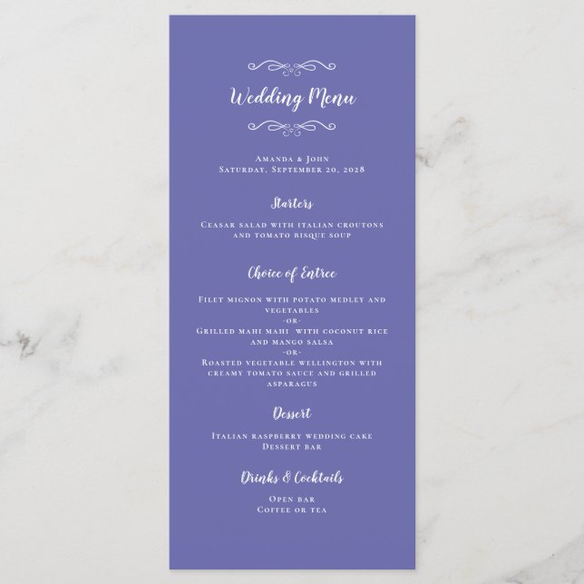 Elegant Wedding Calligraphy Chic Periwinkle Blue Menükarte (Vorderseite)