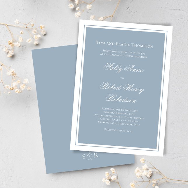 Elegant Wedding Calligraphy Dusty Blue Script  Einladung (Classic and elegant dusty blue wedding invitations)
