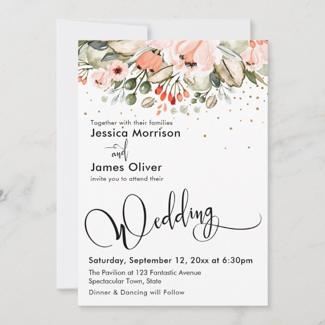 Elegant Wedding Calligraphy Floral & Gold Confetti Einladung (Vorderseite)