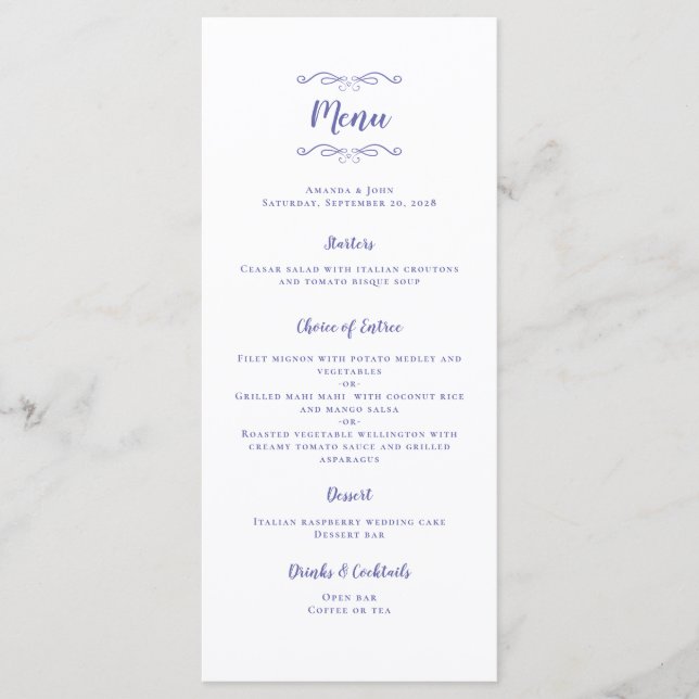 Elegant Wedding Calligraphy Periwinkle Blue Chic Menükarte (Vorderseite)