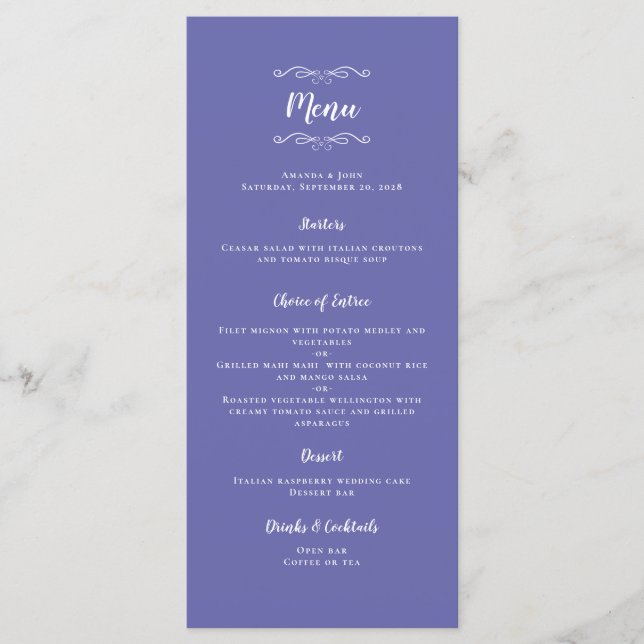 Elegant Wedding Calligraphy Trendy Periwinkle Blue Menükarte (Vorderseite)