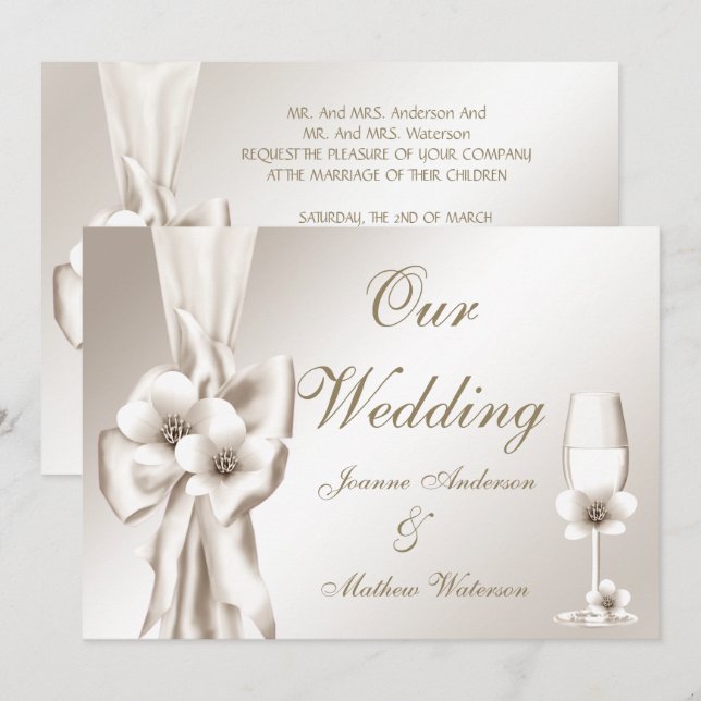 Elegant Wedding Champagne Floral Cream Bow Einladung (Vorne/Hinten)