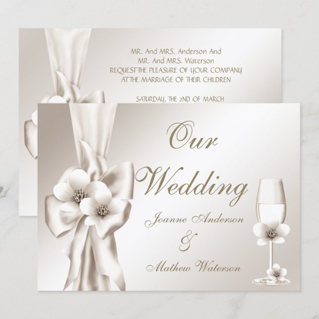 Elegant Wedding Champagne Floral Cream Bow Einladung (Vorne/Hinten)