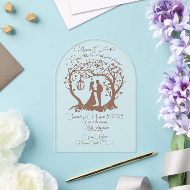 Elegant Wedding Couple Tree Gerahmt Brown Acryleinladungen (Insitu (Hochzeit))