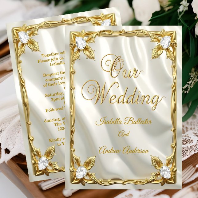 Elegant Wedding Cream White Faux Silk Gold Diamond Einladung (Von Creator hochgeladen)