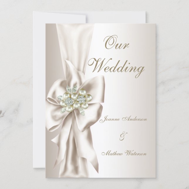 Elegant Wedding Damask Pearl Cream White Bow 2 Einladung (Vorderseite)