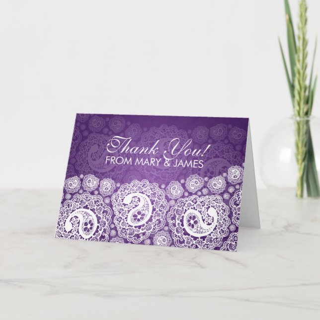 Elegant Wedding "Danke" Paisley Lace Lila Dankeskarte (Vorderseite)