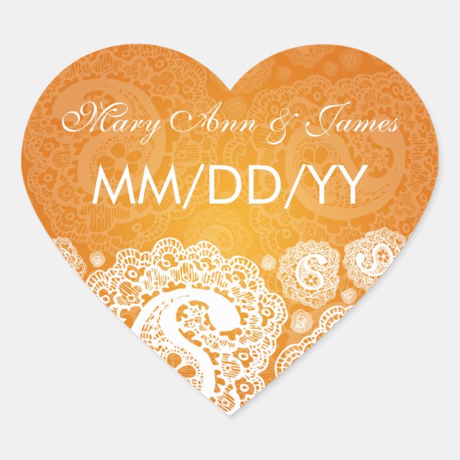Elegant Wedding Date Paisley Lace Orange Herz-Aufkleber (Vorderseite)