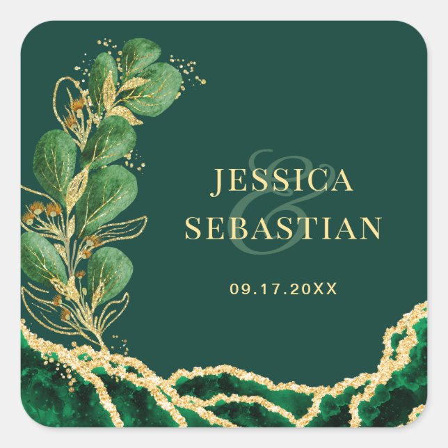 Elegant Wedding Emerald & Gold Agate Eucalyptus Quadratischer Aufkleber (Vorderseite)