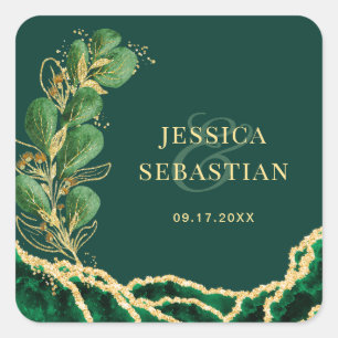 Elegant Wedding Emerald & Gold Agate Eucalyptus Quadratischer Aufkleber