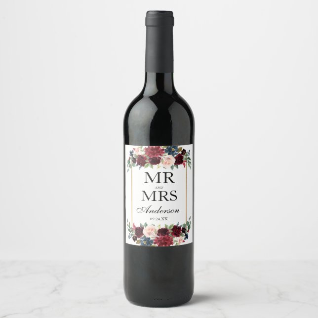 Elegant Wedding Floral Burgundy Blue Gold Weinetikett (Vorderseite)