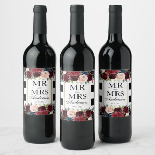 Elegant Wedding Floral Burgundy Blue Striped Weinetikett