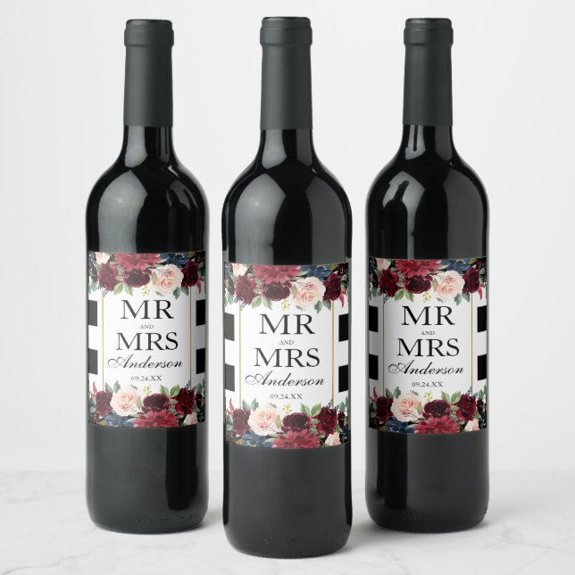 Elegant Wedding Floral Burgundy Blue Striped Weinetikett (Flaschen)